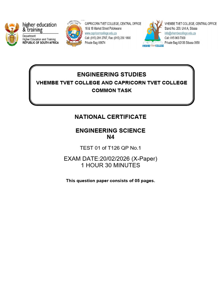 Engineering Science n4 Test 1 of t126 QP | PDF | Bending | Force