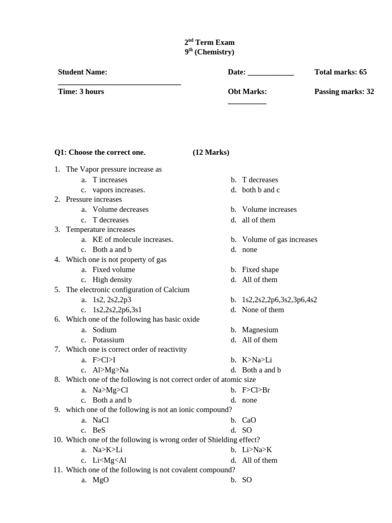 9th 2nd Term Chemistry Paper | PDF | Sodium | Gases