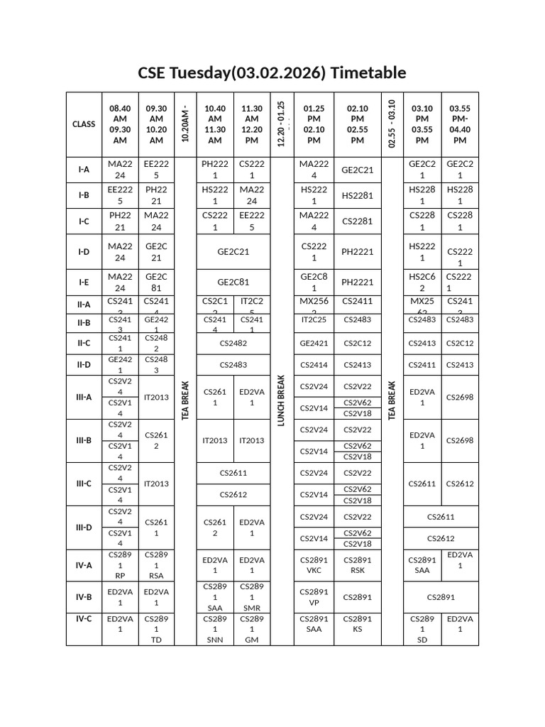 CSE Tuesday Timetable - 03.02.2026 | PDF