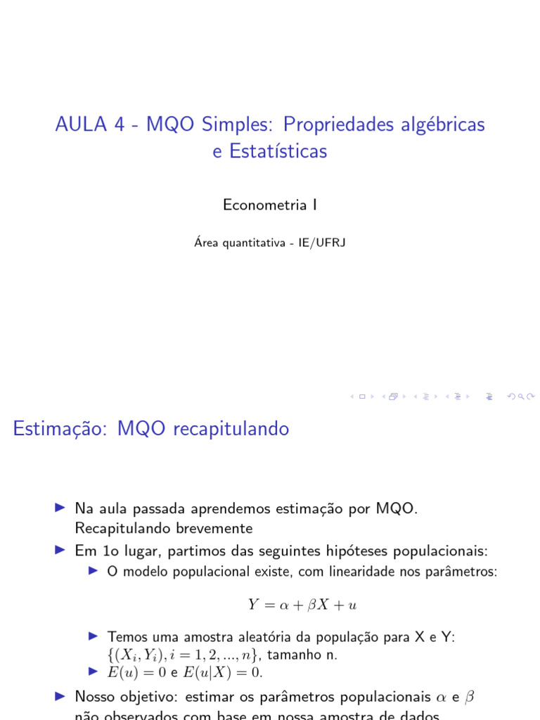 Aula 4 - MQO Simples - Propriedades Algébricas | PDF | Variação | Estimador
