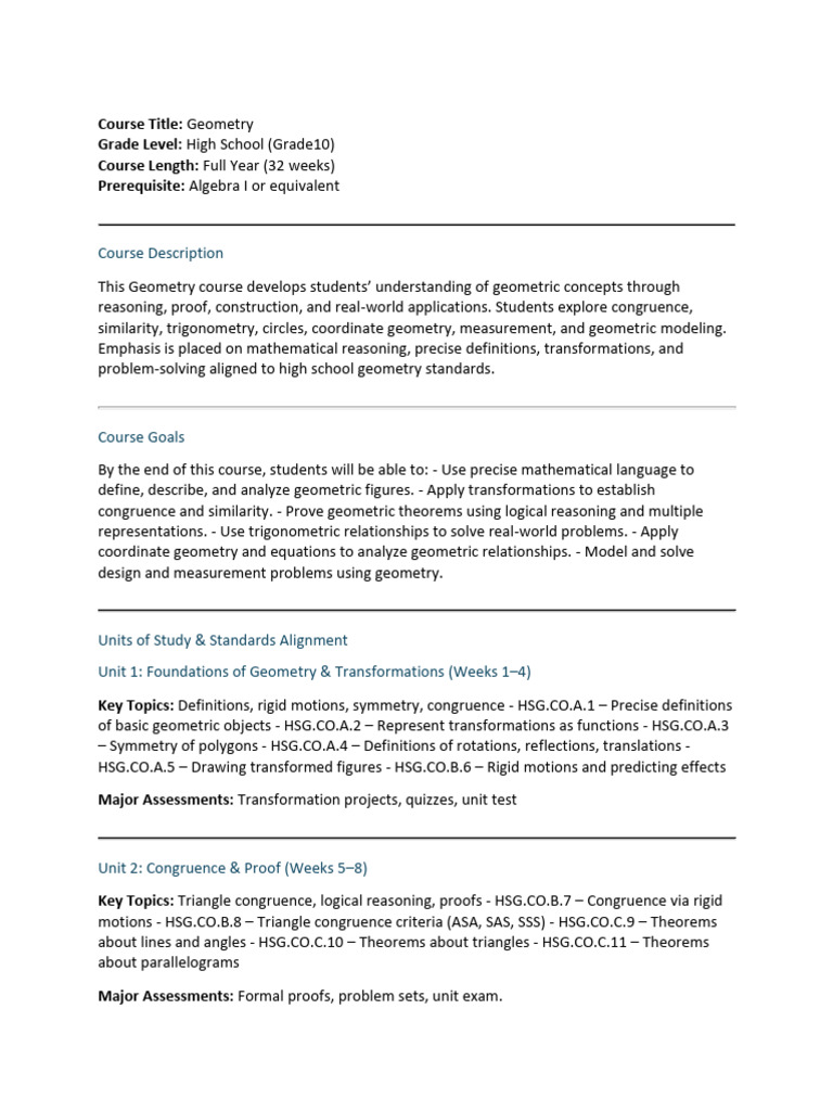 10th Grade Geometry Syllabus | PDF | Geometry | Trigonometric Functions