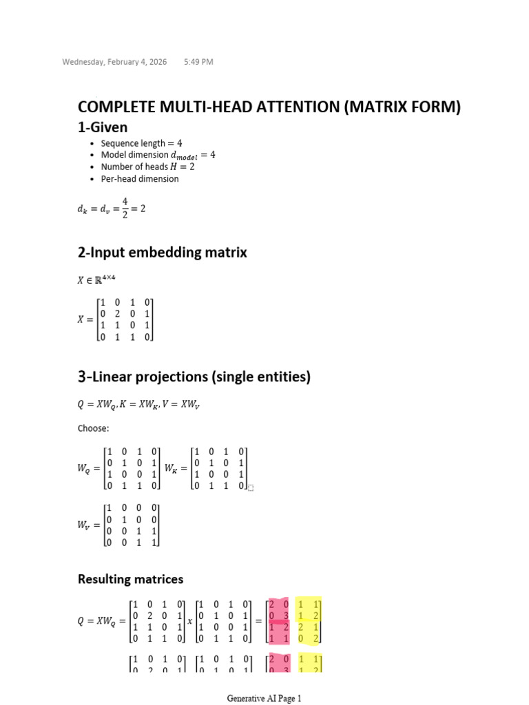 Complete Multi-Head Attention (Matrix Form) | PDF