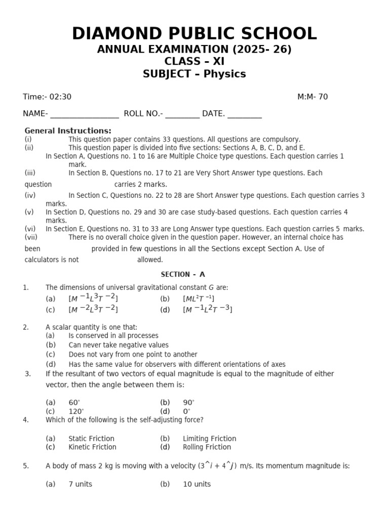 Physics Class Xi Paper 2 | PDF | Rotation Around A Fixed Axis ...