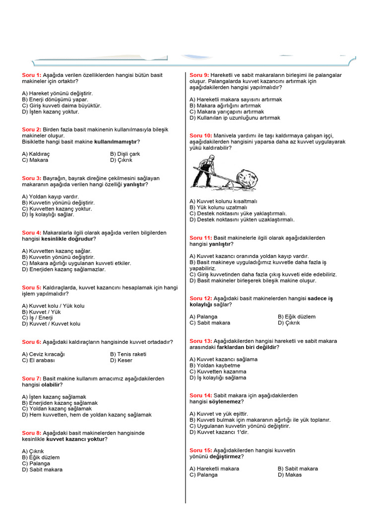 8 5 1 Basit Makineler Test | PDF