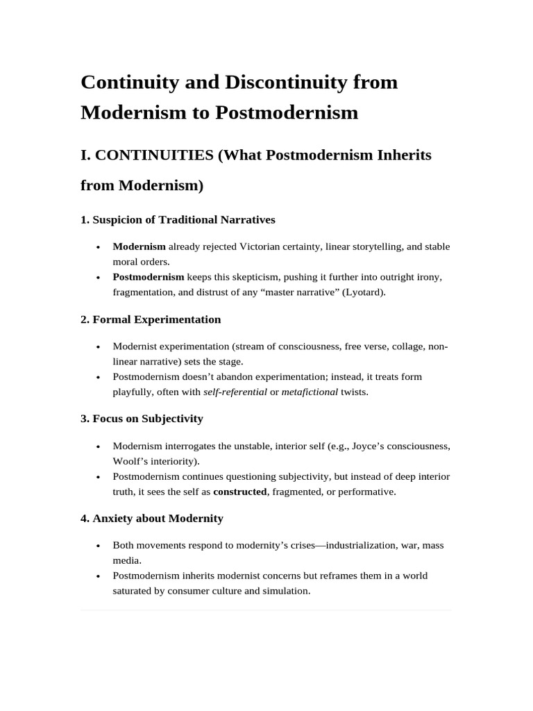 Continuity and Discontinuity From Modernism To Postmodernism | PDF ...