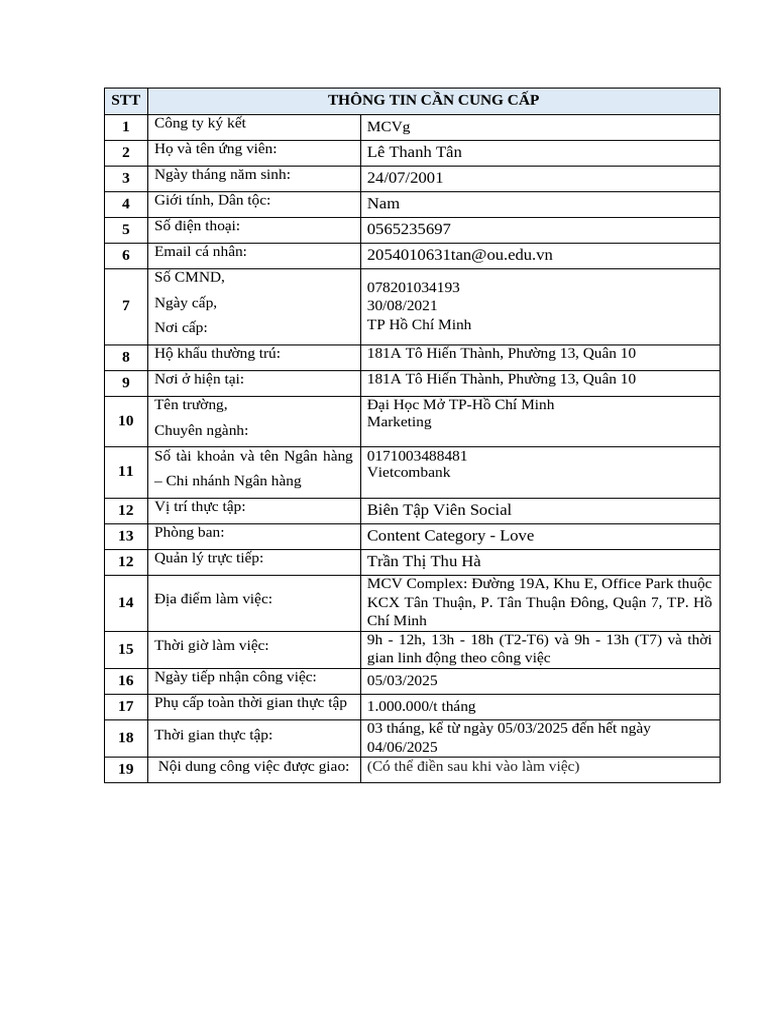 MCVg - Mẫu Form Thông Tin Thực Tập Sinh | PDF