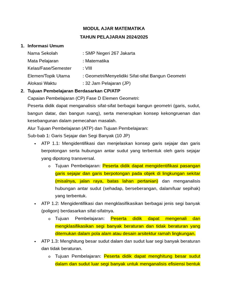 Modul Ajar - MTK - 8 - Yuniarsa 2024-2025 | PDF