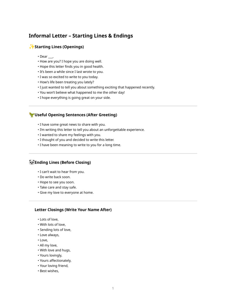 Informal Letter Starters & Endings (Grade 7) | PDF
