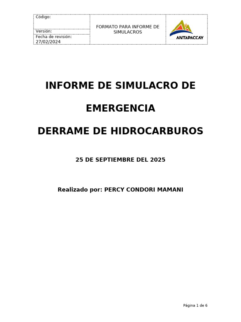 Informe de Simulacro de Derrame de Lodos | PDF