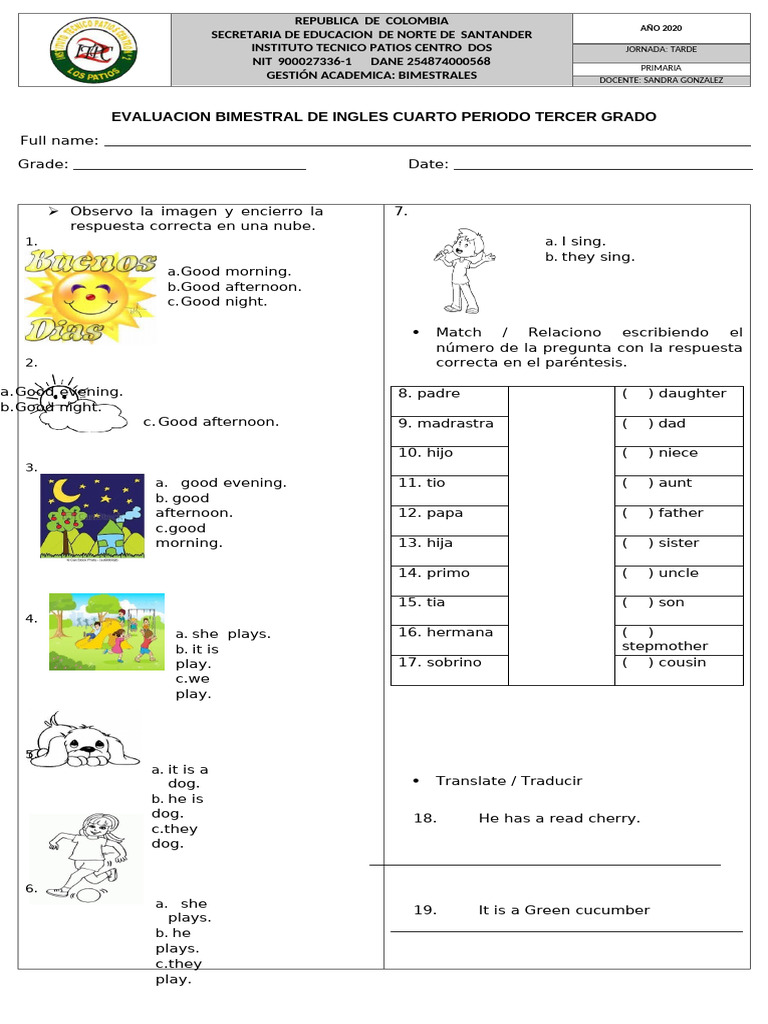 Prueba Diagnostica de Ingles Grado Cuarto | PDF