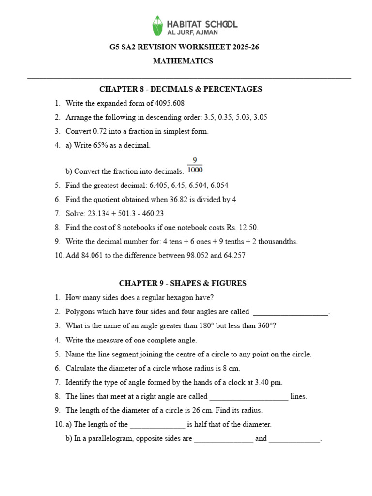 g5 Math Sa2 Revision Worksheet | PDF | Litre | Volume