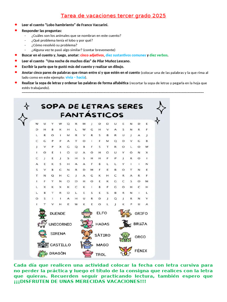 Tarea de Vacaciones Tercer Grado 2025 | PDF