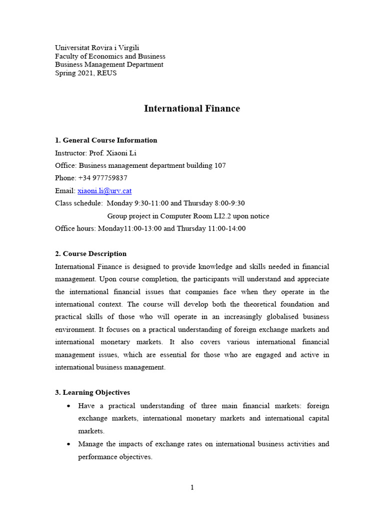 International Finance Course Syllabus 2021 | PDF | International ...