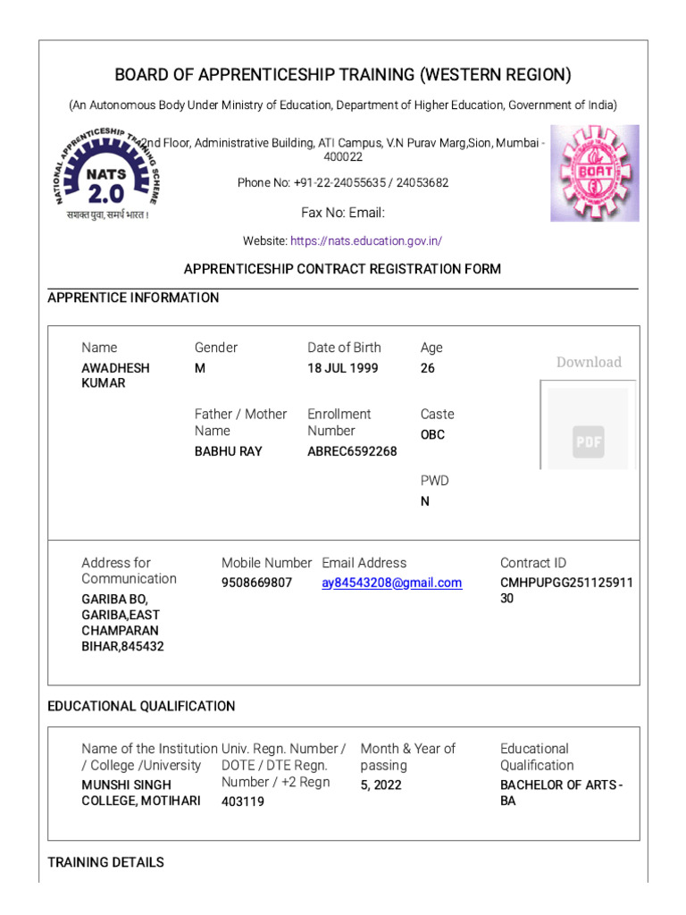 Apprenticeship Contract Registration Form | PDF | Apprenticeship ...