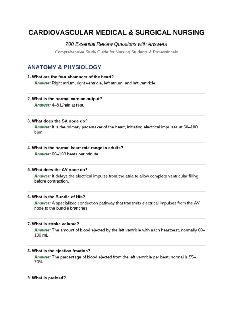 Cardiovascular Nursing 200 Questions | PDF | Hypertension | Heart