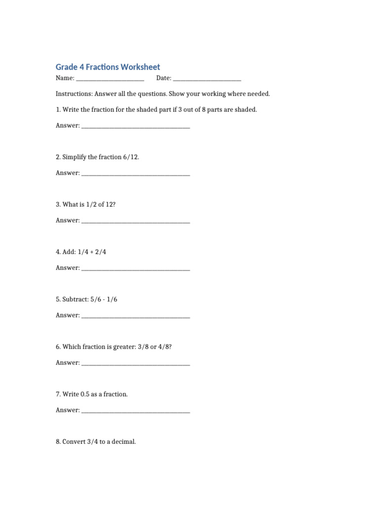 Grade 4 Fractions Worksheet | PDF