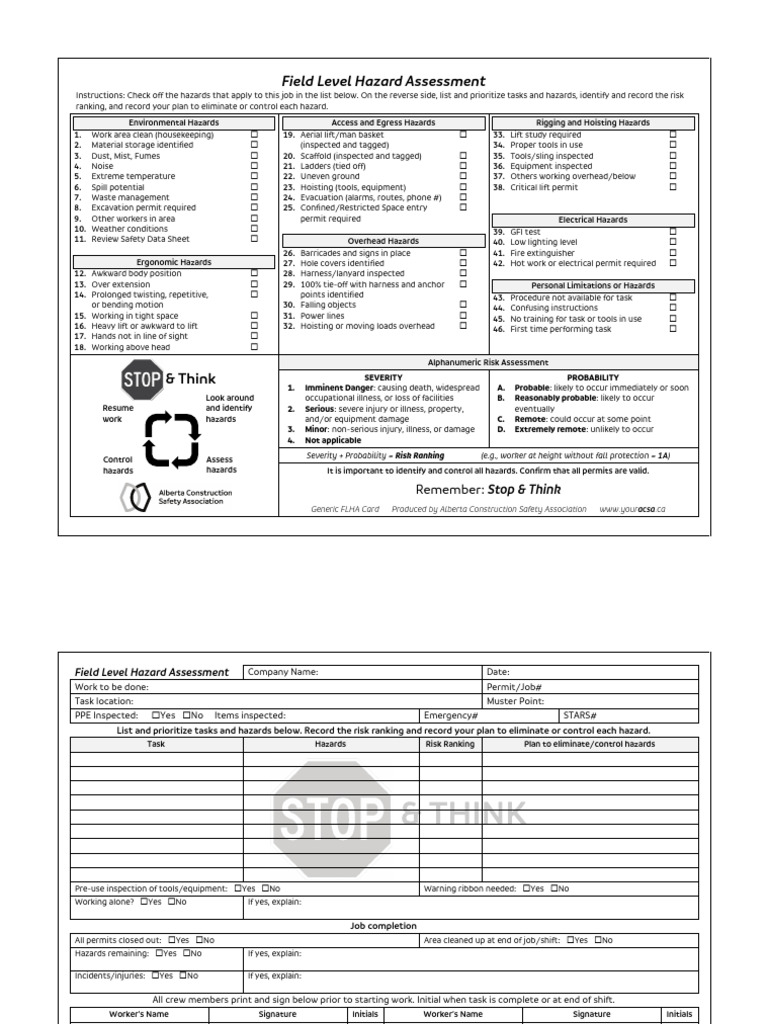 Field Level Hazard Assessment Card - Generic | PDF | Hazards | Labor ...