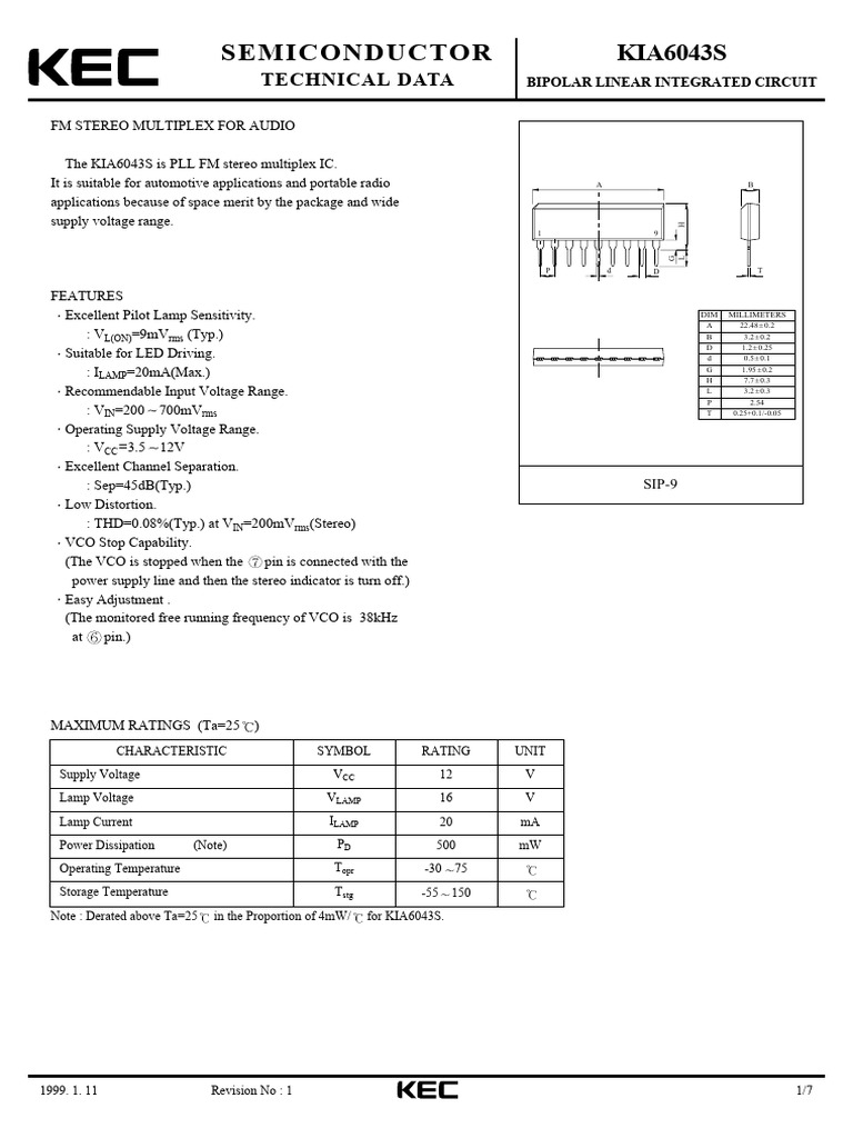 KEC KIA6043S Datasheet | PDF | Electronics | Electrical Engineering
