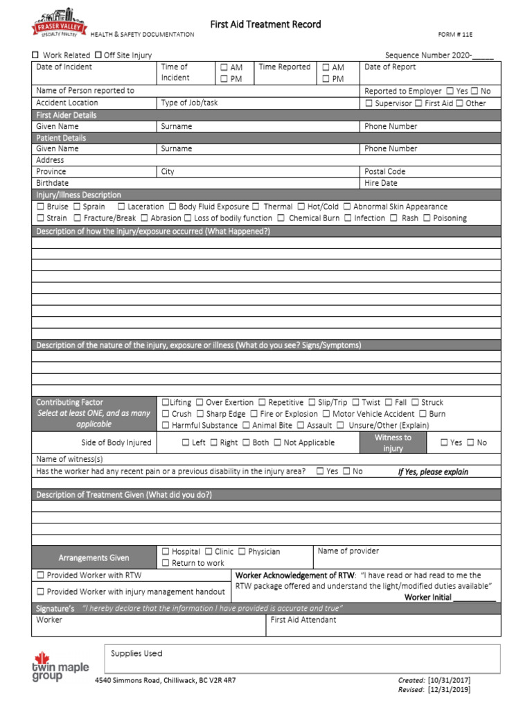 11 E - First Aid Treatment Record | PDF | Burn | Injury