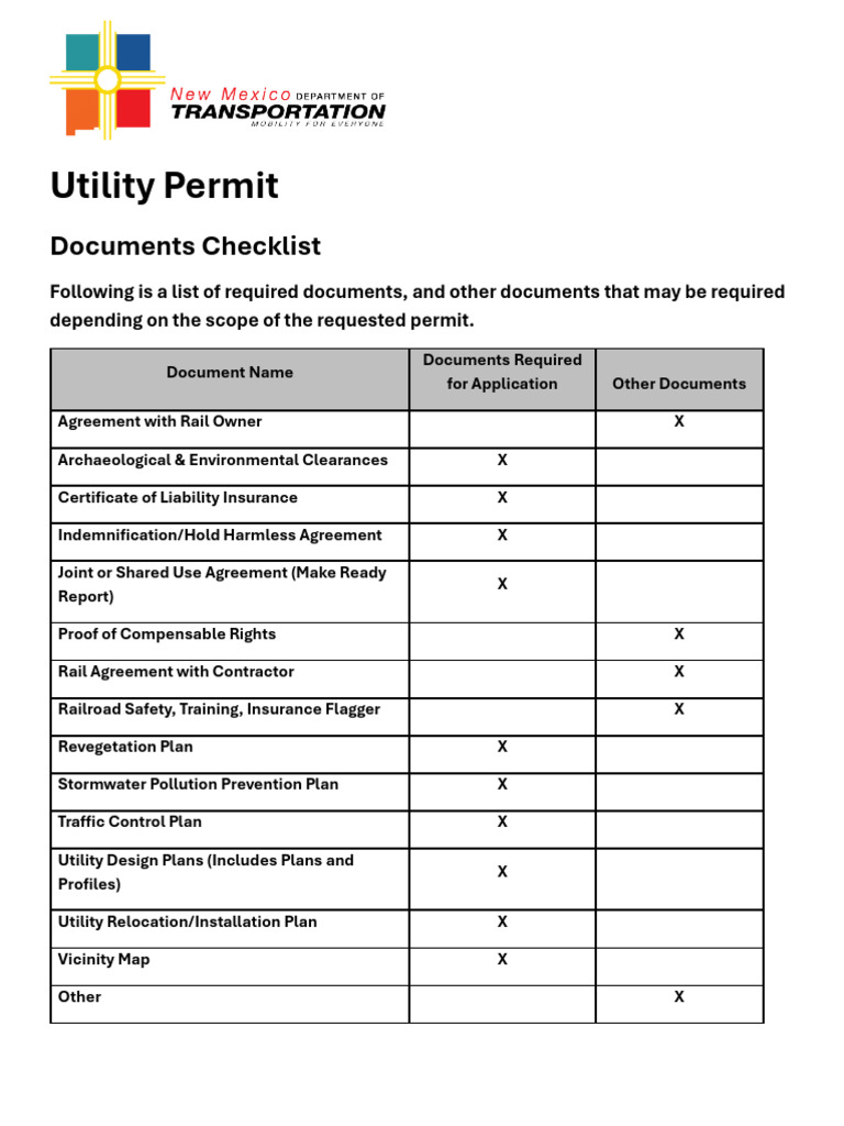 NMDOT Utility Permit Documents Checklist | PDF