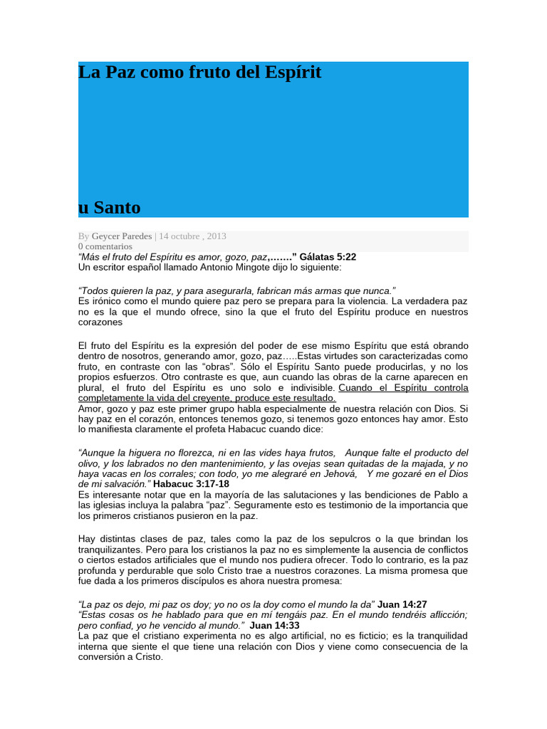 La Paz Como Fruto Del Espíritu Santo | PDF | Paz | Cristo (título)