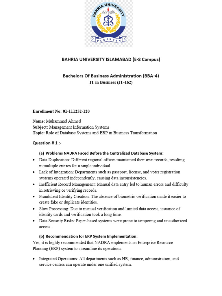 Assignment - NADRA - and - ERP Org | PDF | Databases | Enterprise ...