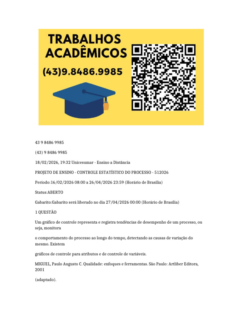 Projeto de Ensino - Controle Estatístico Do Processo - 51 - 2026 - v1 ...