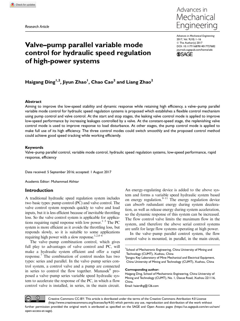 Ding Et Al 2017 Valve Pump Parallel Variable Mode Control For Hydraulic ...