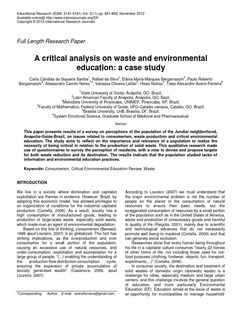 A Critical Analysis On Waste and Environmental Education A Case Study ...