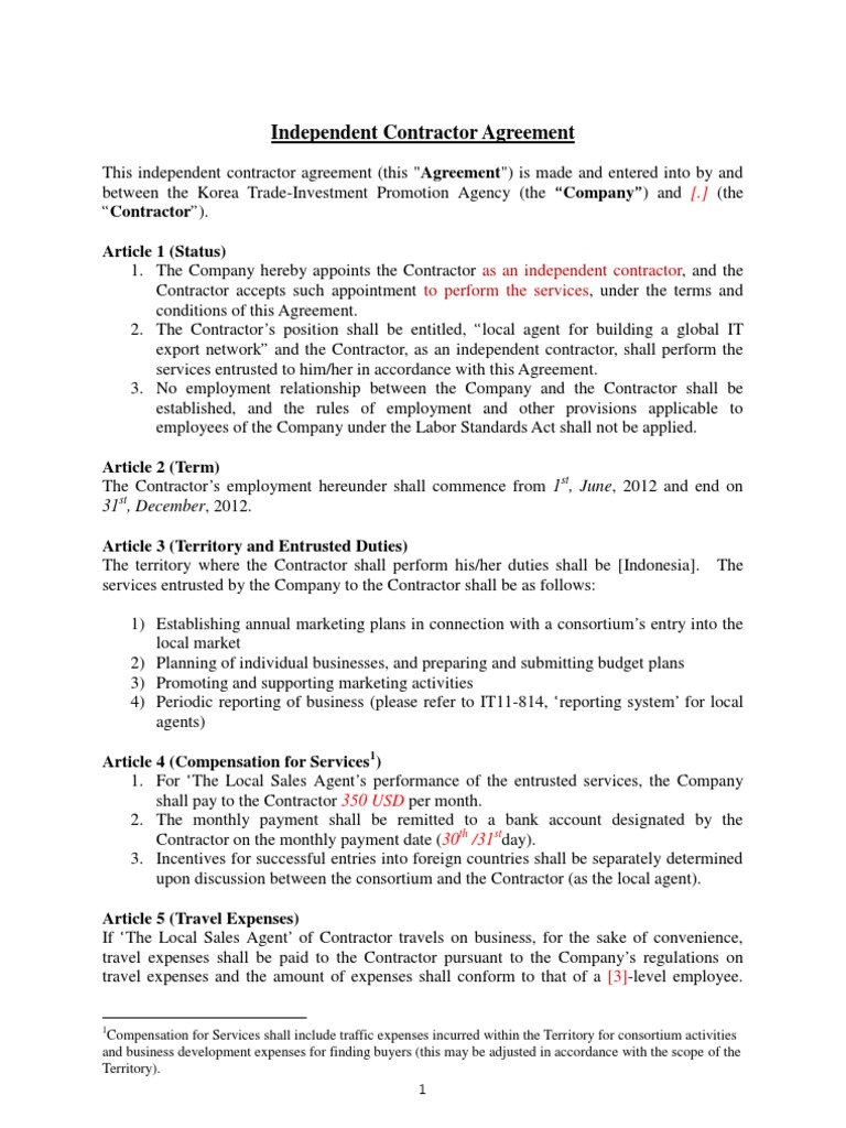 Independent Contractor Agreement Pdf Independent Contractor Law Of Agency
