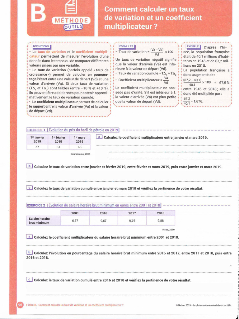 Seconde Fiche Comment Calculer Un Taux de Variation Et Un Coefficient ...