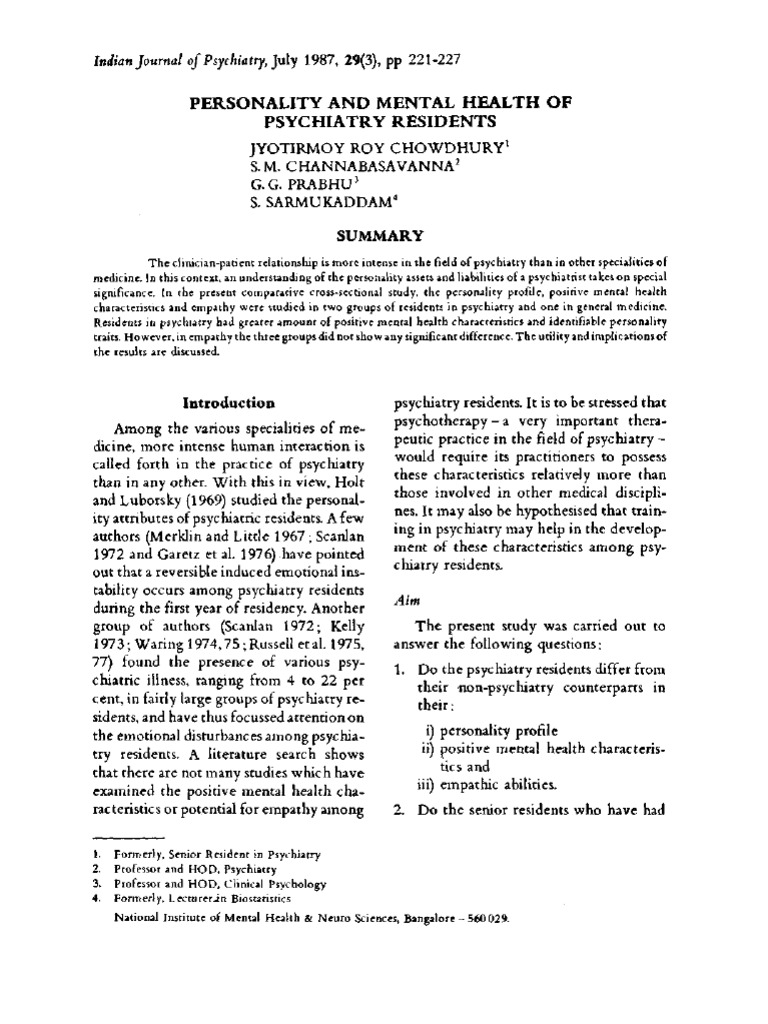 Personality and Mental Health in Psychiatry Residents | PDF ...