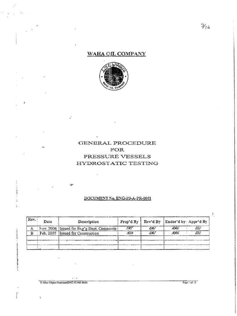 Approved Hydrostatic Test For Pressure Vessel | PDF
