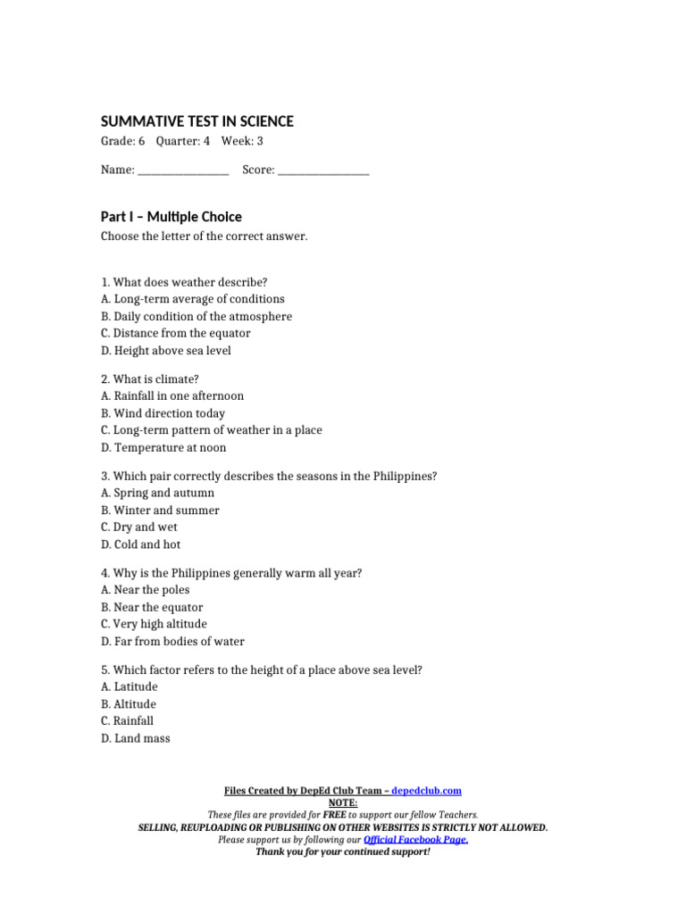 DTC Summ Test Science 6 Q4 W3 | PDF | Weather | Rain