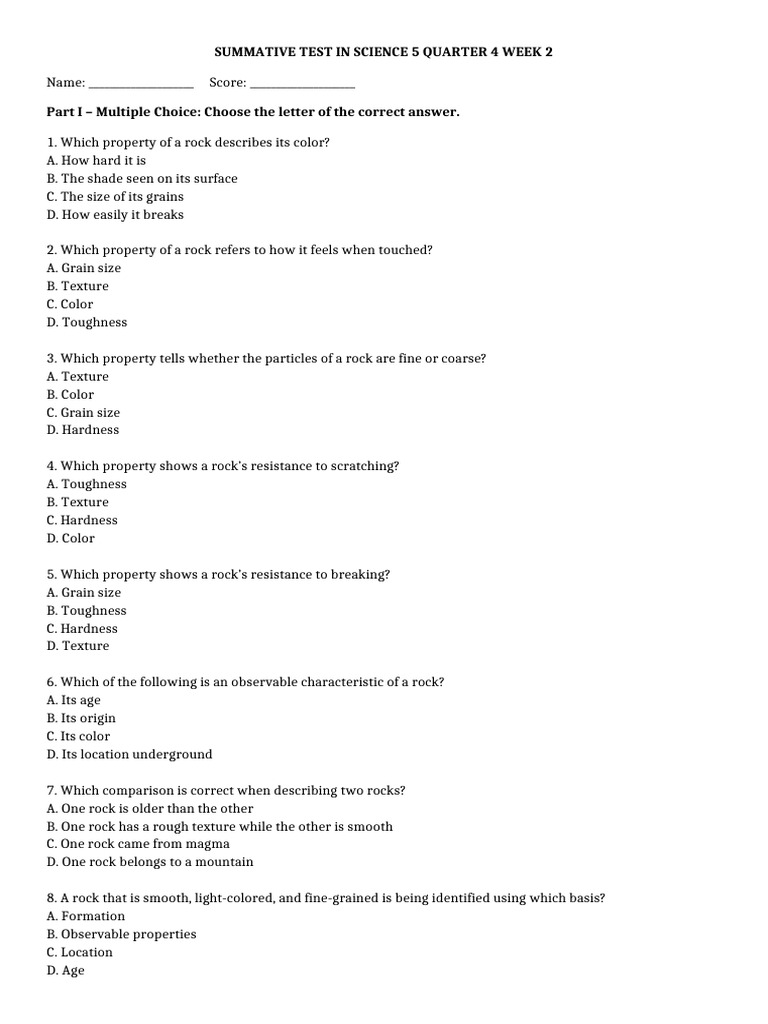 DTC - Summ - Test Science 5 Q4 W2 | PDF | Rock (Geology) | Sedimentary Rock