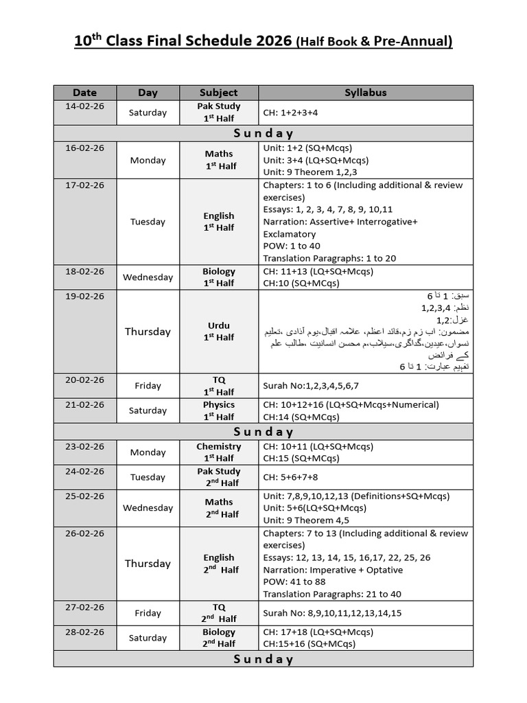 10th Class Final Schedule 2026 | PDF