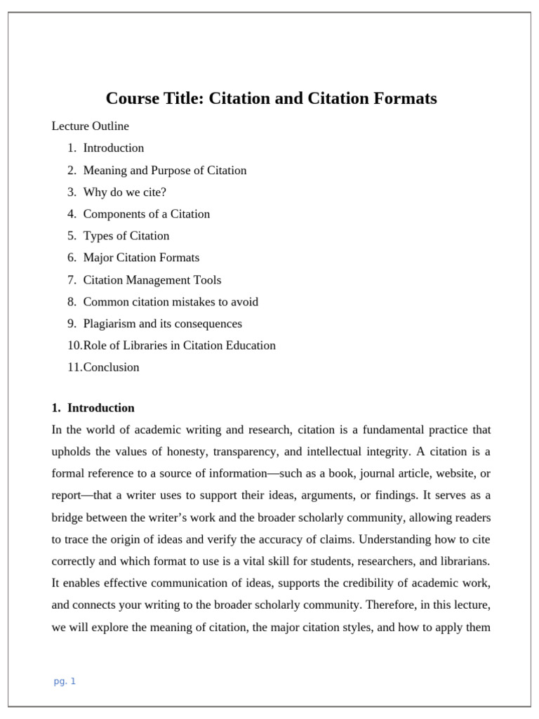 Citation and Citation Formarts Lecture Note | PDF | Citation | Plagiarism