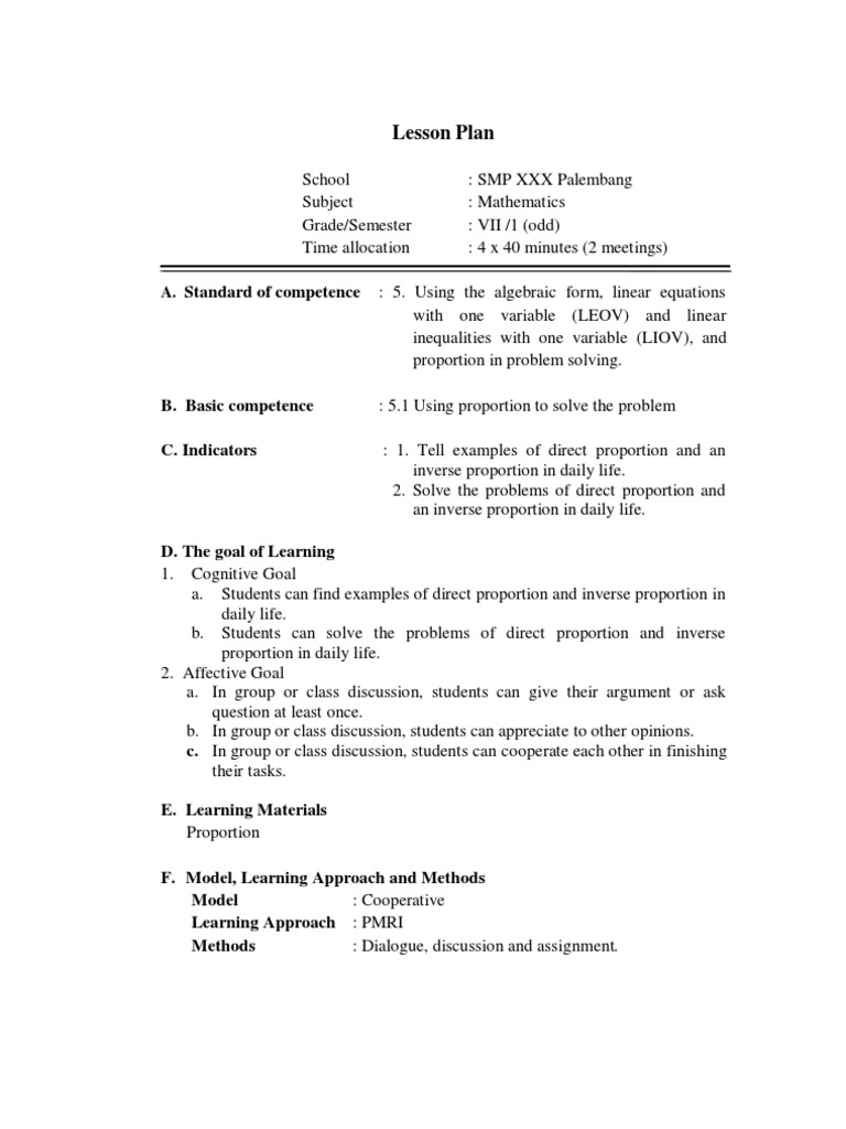Proportion Lesson Plan for Grade VII | PDF | Teachers | Motivation