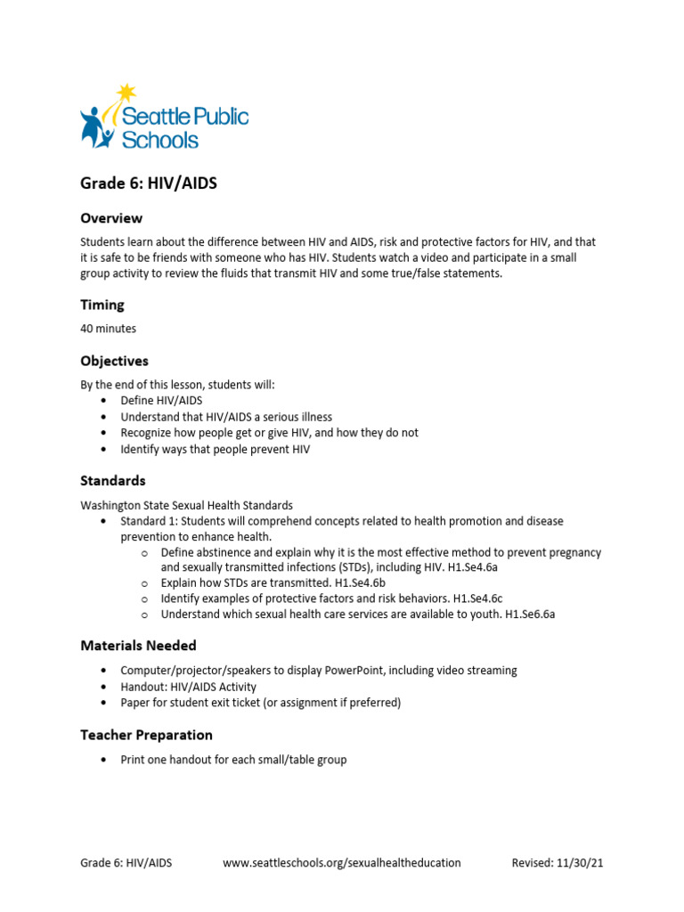 6th Grade HIV AIDS Lesson Plan ADA | PDF | Hiv/Aids | Hiv