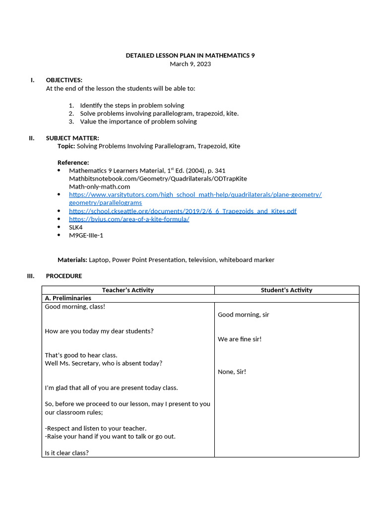 DETAILED LESSON PLAN IN Week4 Day 4 Solving Problem Involving ...