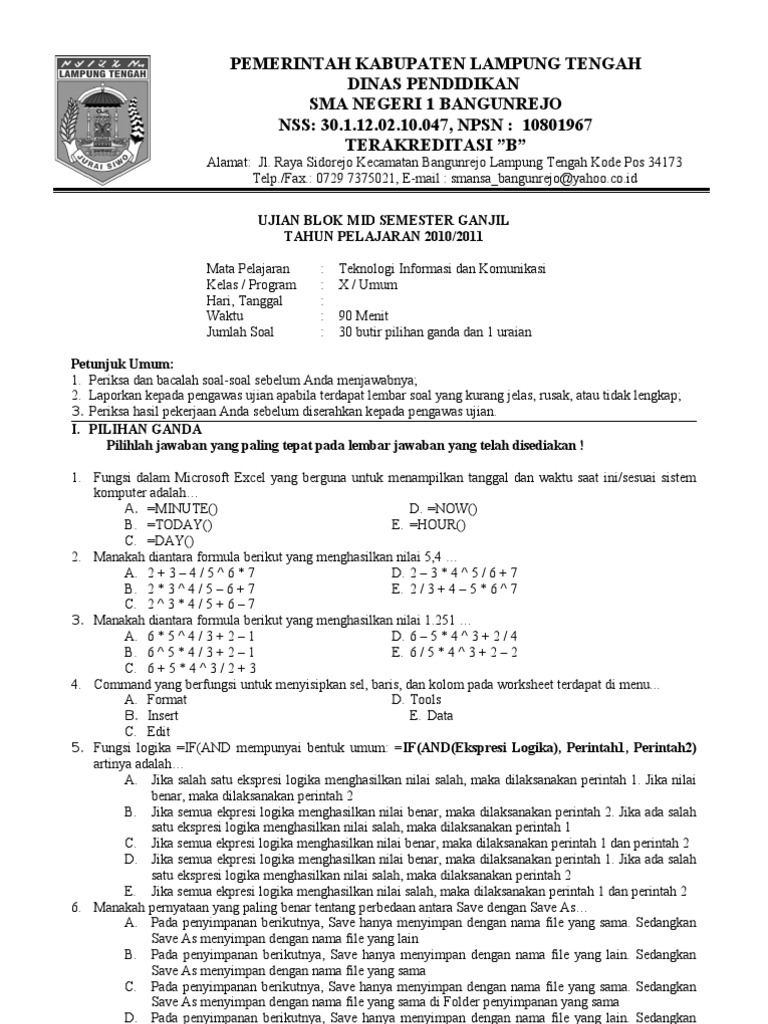 Latihan Soal Tik Kelas X Mid Semester Genap
