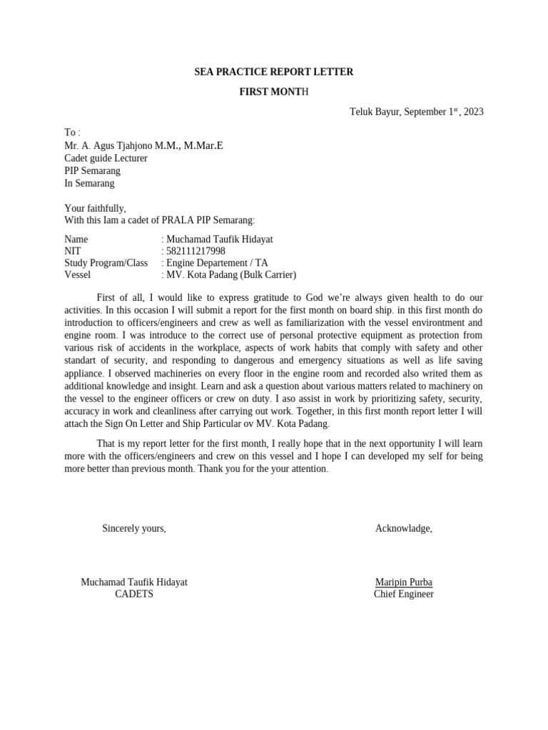 Sea Practice Report Letter 1 | PDF