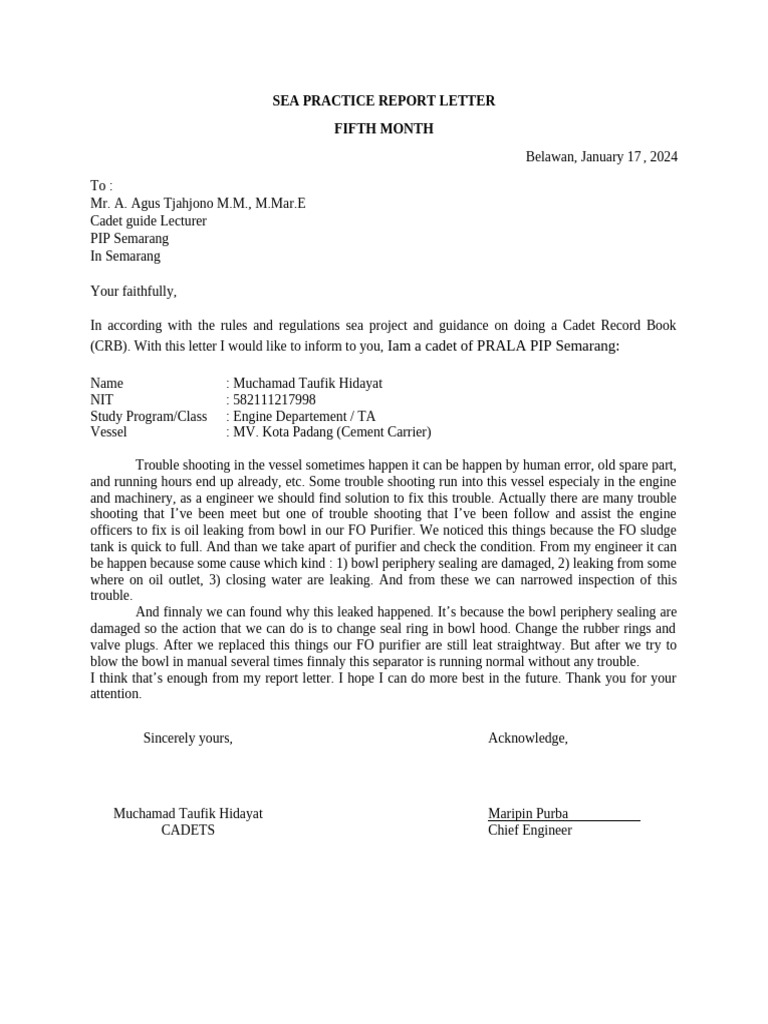 Sea Practice Report Letter 5 | PDF