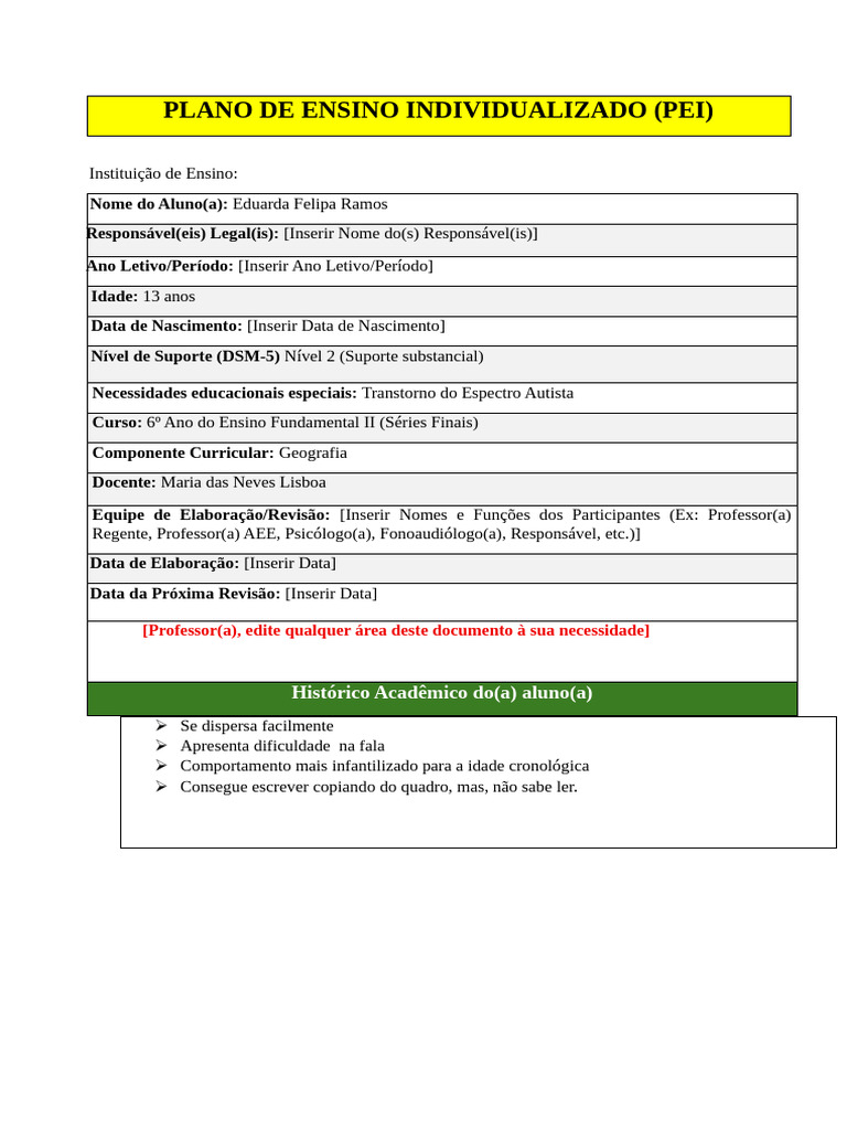 Plano de Ensino Individualizado - Pei - 2026 - Plataforma Geografix ...