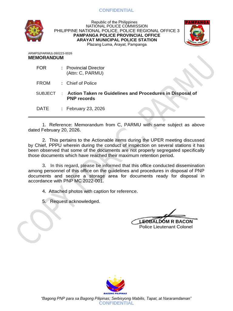 Action Taken Re Guidelines and Procedures in Disposal of PNP Records | PDF