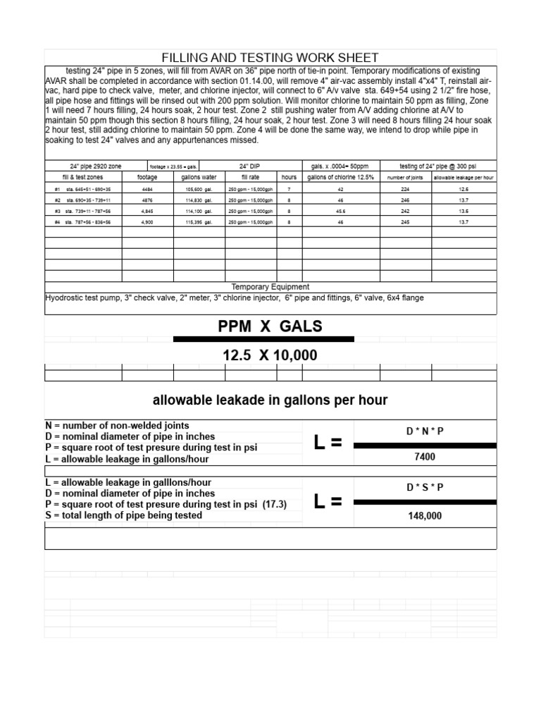 Filling Pipe and Test - Sheet1 | PDF | Pipe (Fluid Conveyance) | Gallon