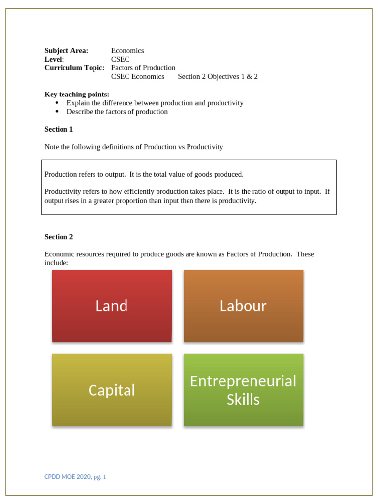 CSEC Economics S2 Obj 1 2 Factors of Production | PDF | Labour ...