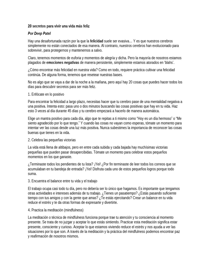 20 Secretos Para Vivir Una Vida Más Feliz | PDF | Felicidad | Gratitud
