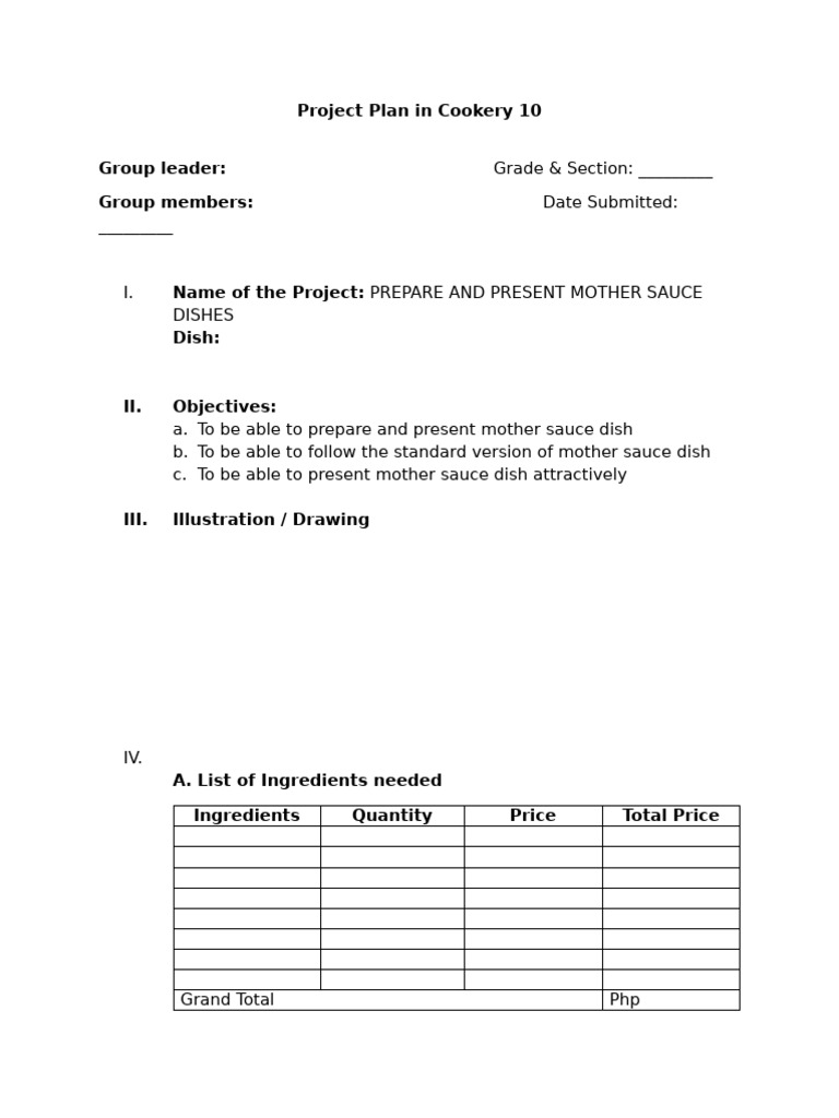 Template Project Plan in Cookery 10 | PDF