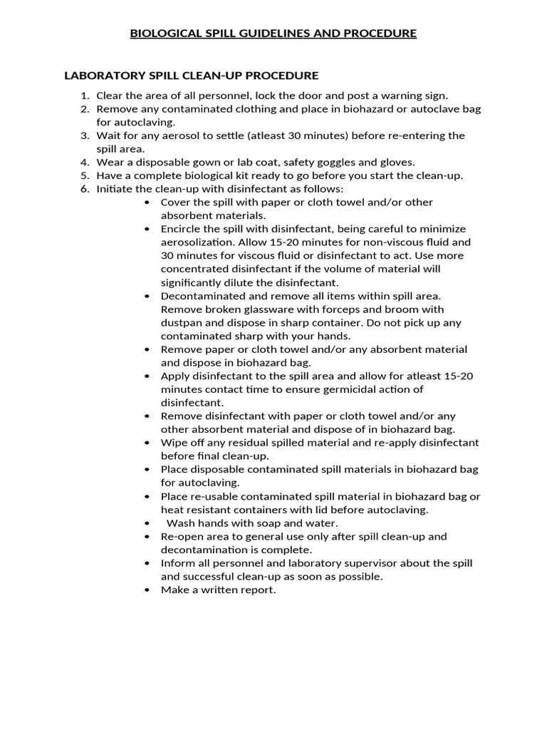 Biological Spill Guidelines and Procedure | PDF | Disinfectant